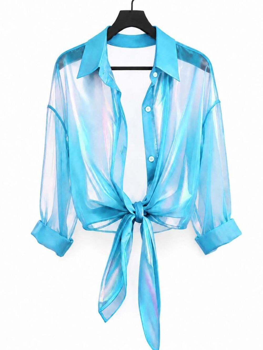 Y2K Aqua Iridescent Sheer Tie-Front Chiffon Blouse Fairy Rave